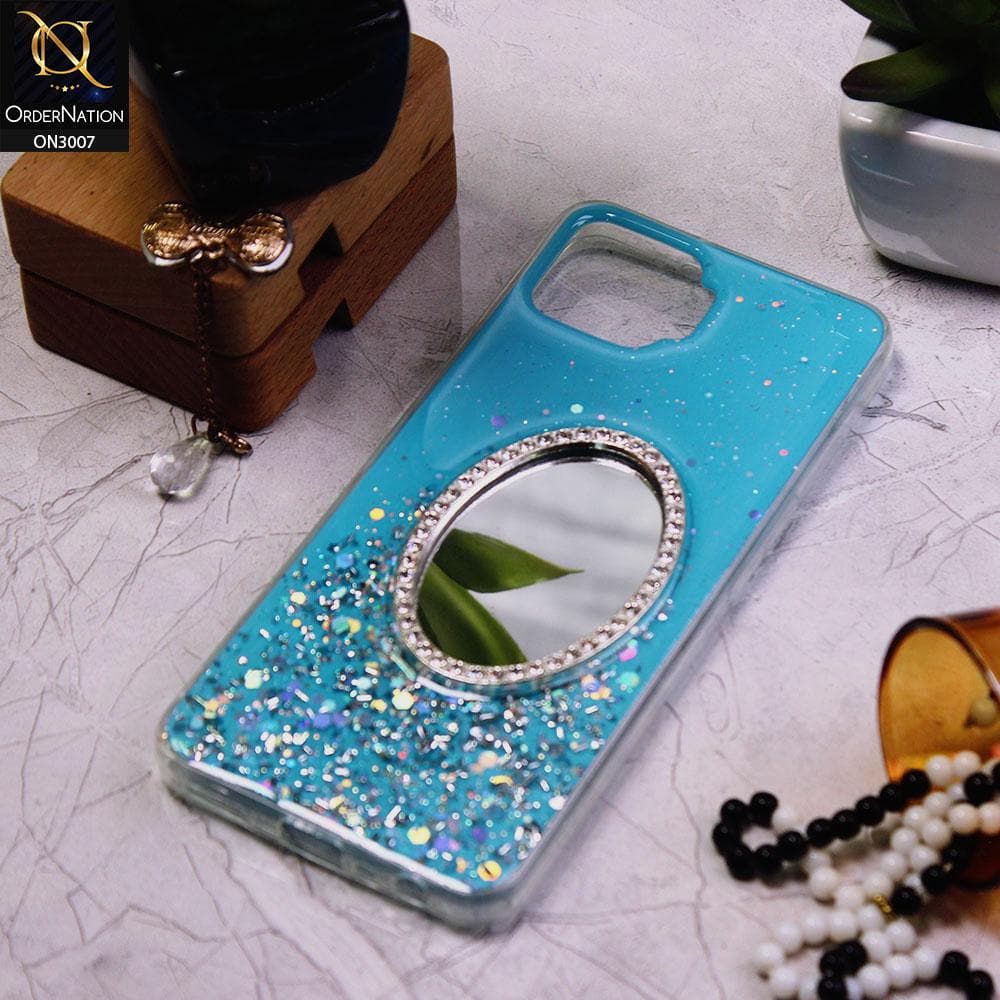 Oppo Reno 4F Cover - Blue - RhineStone Design Oval Mirror Soft Case - Glitter Does Not Move