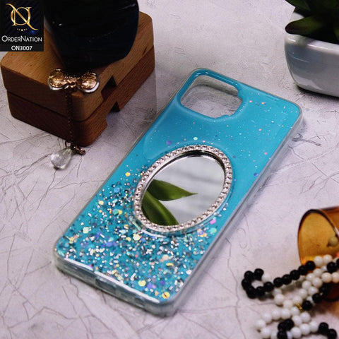 Oppo F17 Cover - Blue - RhineStone Design Oval Mirror Soft Case - Glitter Does Not Move