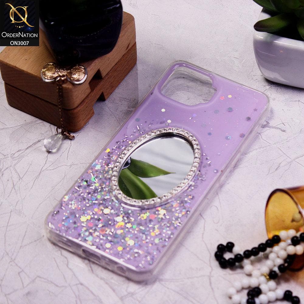 Oppo F17 Cover - Purple - RhineStone Design Oval Mirror Soft Case - Glitter Does Not Move
