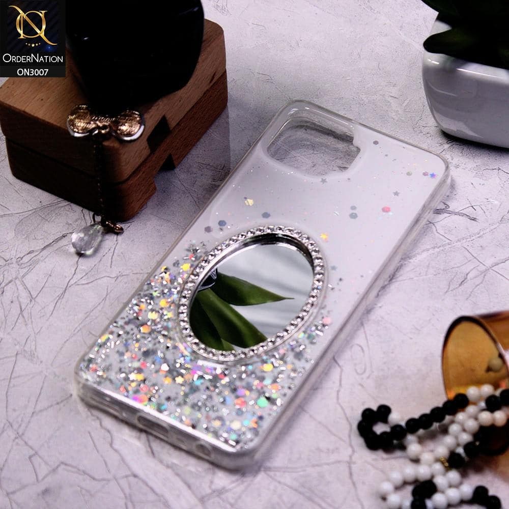 Oppo A93 Cover - White - RhineStone Design Oval Mirror Soft Case - Glitter Does Not Move