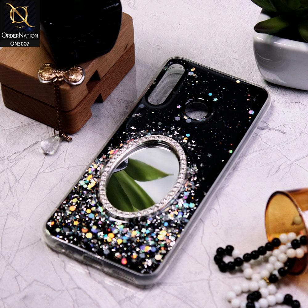 Infinix Hot 8 Lite Cover - Black - RhineStone Design Oval Mirror Soft Case - Glitter Does Not Move