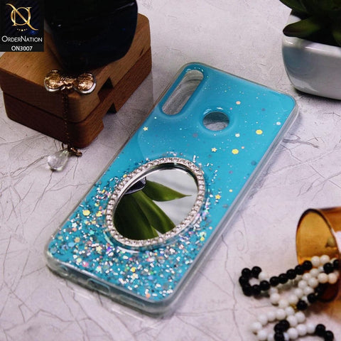 Infinix Hot 8 Cover - Blue - RhineStone Design Oval Mirror Soft Case - Glitter Does Not Move
