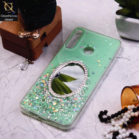 Tecno Spark 4 Cover - Green - RhineStone Design Oval Mirror Soft Case - Glitter Does Not Move