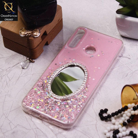 Infinix Hot 8 Lite Cover - Pink - RhineStone Design Oval Mirror Soft Case - Glitter Does Not Move