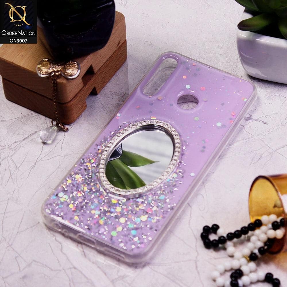 Infinix Hot 8 Lite Cover - Purple - RhineStone Design Oval Mirror Soft Case - Glitter Does Not Move