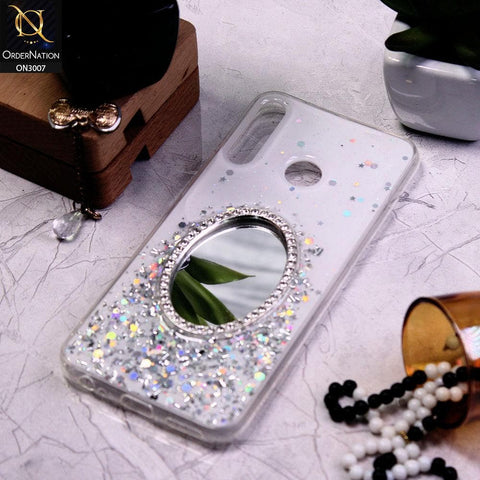 Infinix Hot 8 Cover - White - RhineStone Design Oval Mirror Soft Case - Glitter Does Not Move