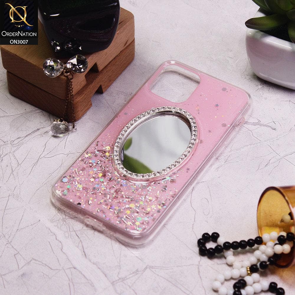 iPhone 11 Pro Max Cover - Pink - RhineStone Design Oval Mirror Soft Case - Glitter Does Not Move
