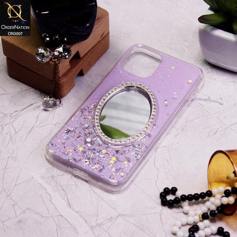 iPhone 11 Pro Max Cover - Purple - RhineStone Design Oval Mirror Soft Case - Glitter Does Not Move