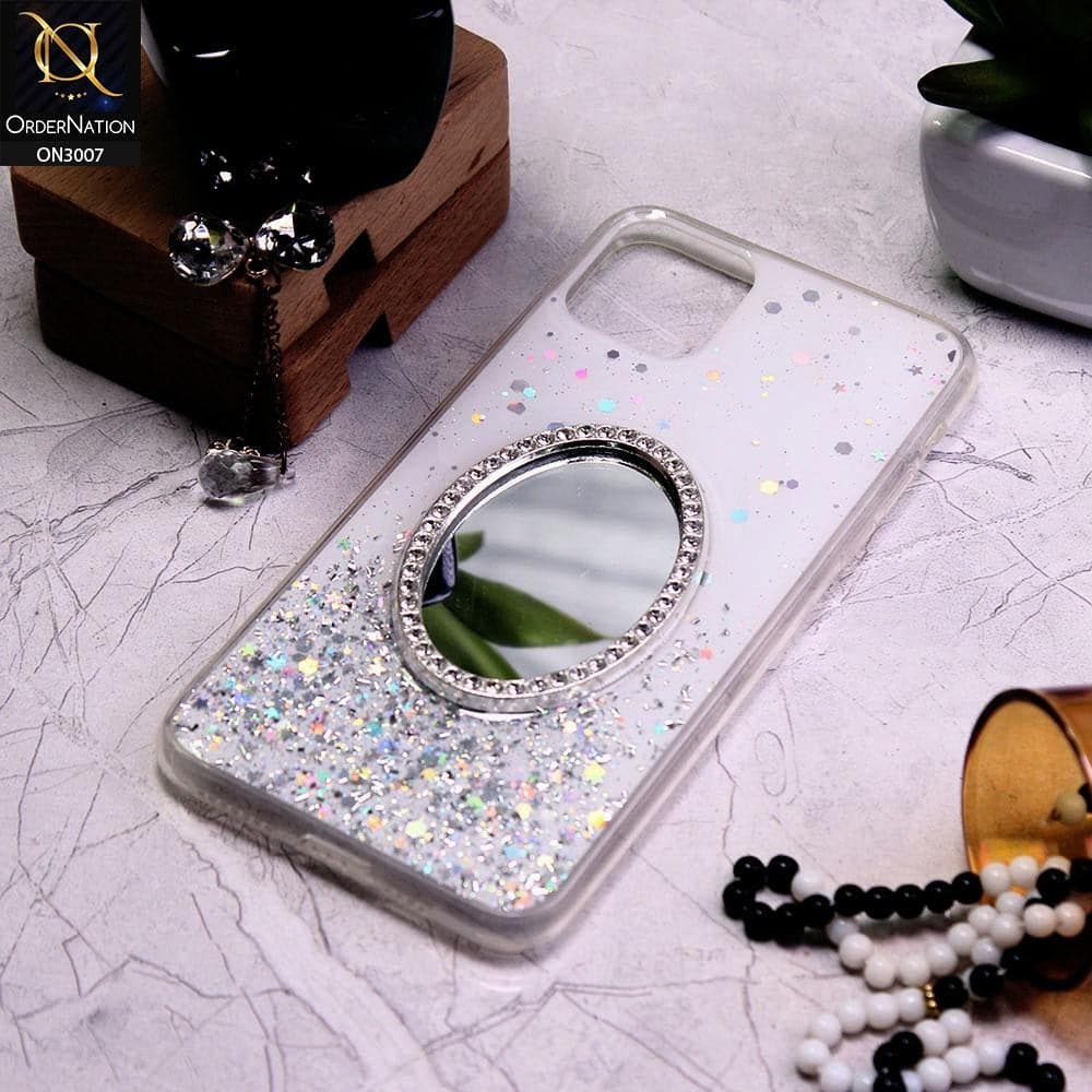iPhone 11 Pro Max Cover - White - RhineStone Design Oval Mirror Soft Case - Glitter Does Not Move