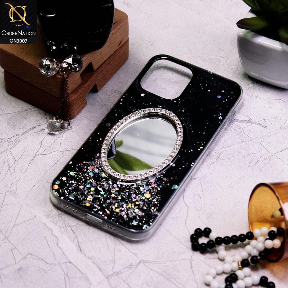 iPhone 12 Pro Cover - Black - RhineStone Design Oval Mirror Soft Case - Glitter Does Not Move
