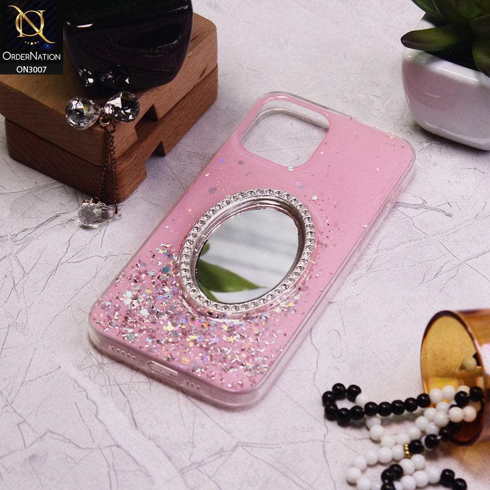 iPhone 12 Pro Cover - Pink - RhineStone Design Oval Mirror Soft Case - Glitter Does Not Move