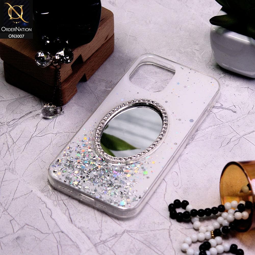 iPhone 12 Cover - White - RhineStone Design Oval Mirror Soft Case - Glitter Does Not Move