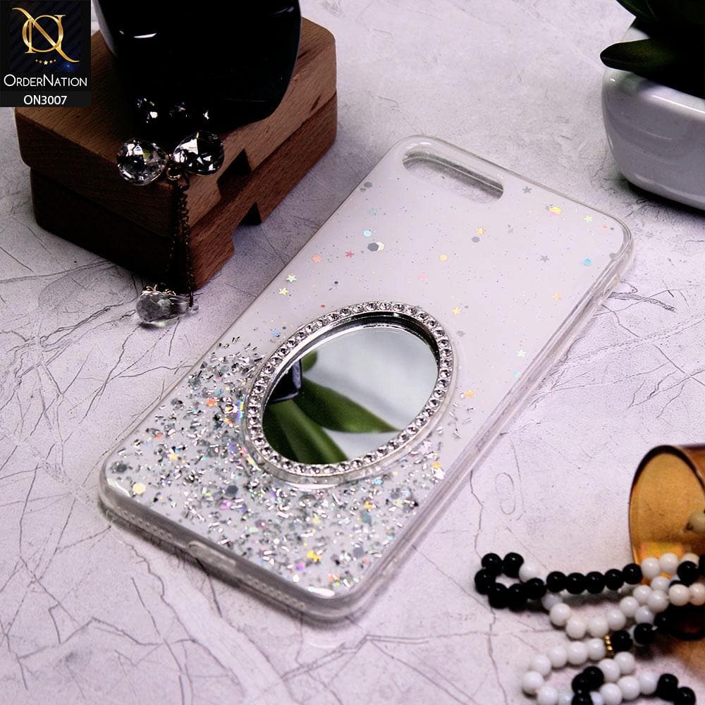 iPhone 8 Plus / 7 Plus Cover - White - RhineStone Design Oval Mirror Soft Case - Glitter Does Not Move