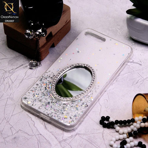 iPhone 8 Plus / 7 Plus Cover - White - RhineStone Design Oval Mirror Soft Case - Glitter Does Not Move