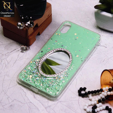 iPhone XS Max Cover - Green - RhineStone Design Oval Mirror Soft Case - Glitter Does Not Move