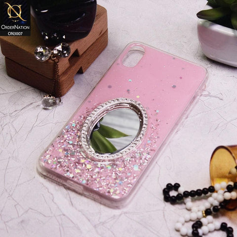 iPhone XS Max Cover - Pink - RhineStone Design Oval Mirror Soft Case - Glitter Does Not Move