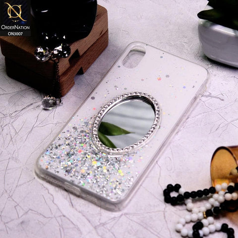 iPhone XS Max Cover - White - RhineStone Design Oval Mirror Soft Case - Glitter Does Not Move