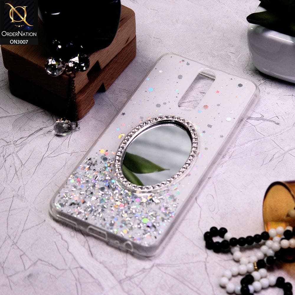 Huawei Mate 10 Lite Cover - White - RhineStone Design Oval Mirror Soft Case - Glitter Does Not Move
