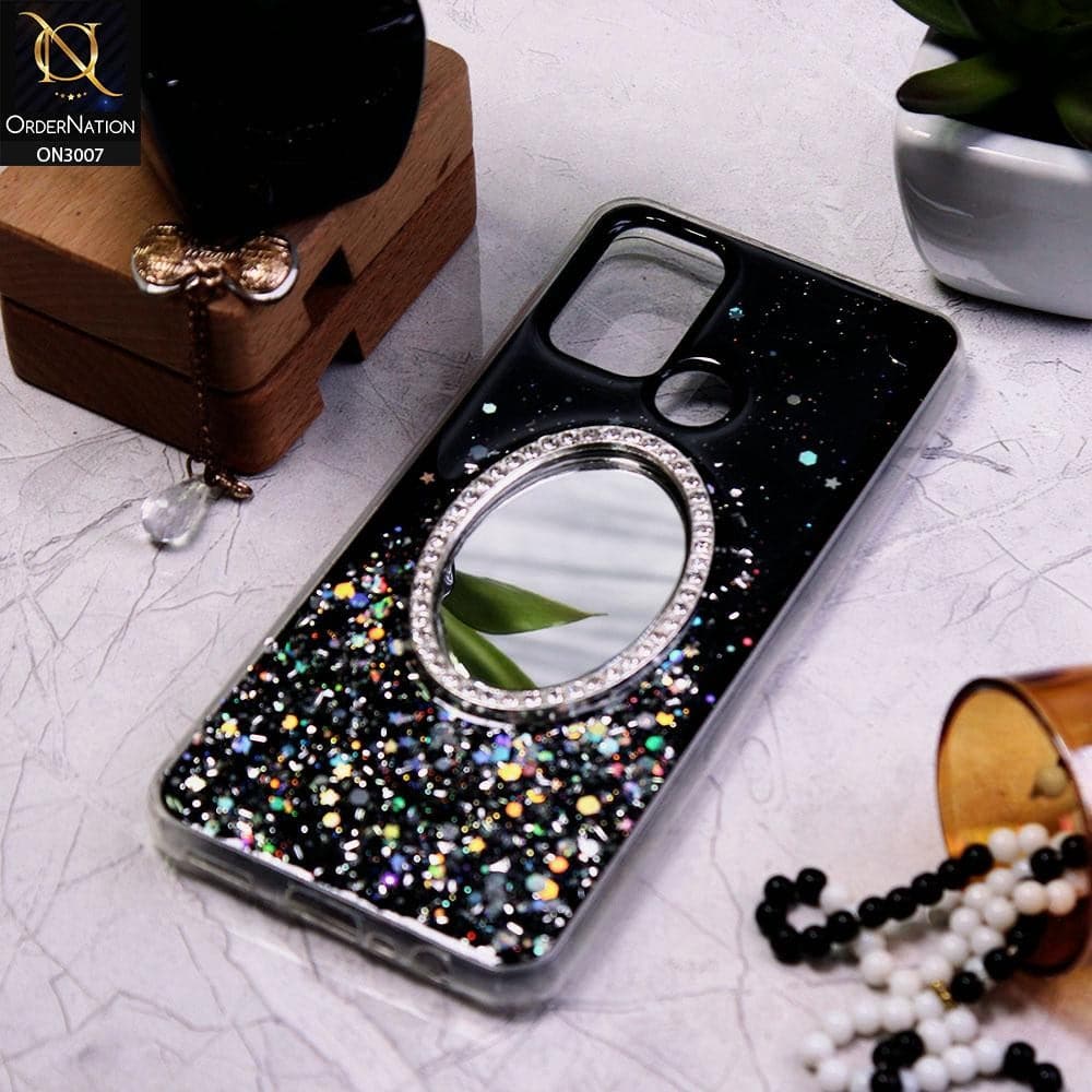 Realme C17 Cover - Black - RhineStone Design Oval Mirror Soft Case - Glitter Does Not Move