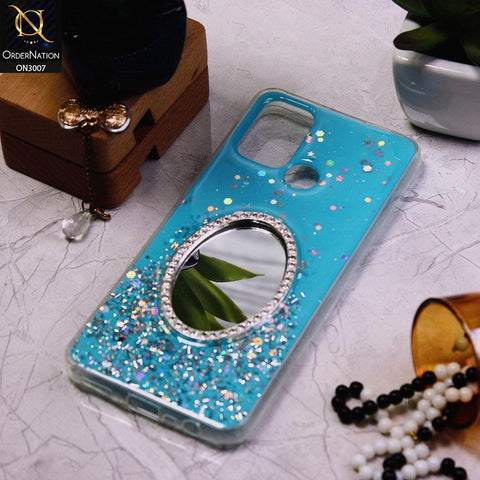 Realme C17 Cover - Blue - RhineStone Design Oval Mirror Soft Case - Glitter Does Not Move