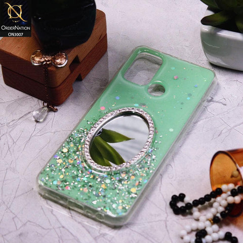 Realme C17 Cover - Green - RhineStone Design Oval Mirror Soft Case - Glitter Does Not Move