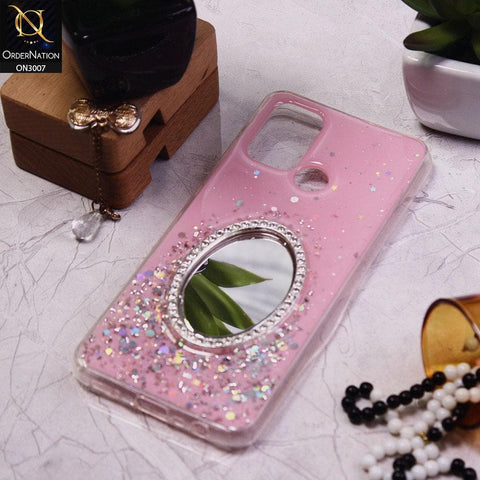 Realme C17 Cover - Pink - RhineStone Design Oval Mirror Soft Case - Glitter Does Not Move
