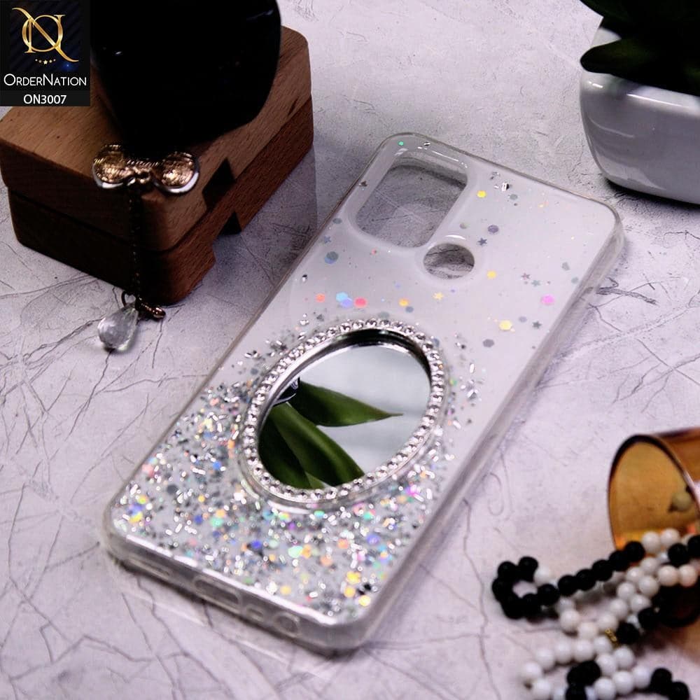Realme 7i Cover - White - RhineStone Design Oval Mirror Soft Case - Glitter Does Not Move