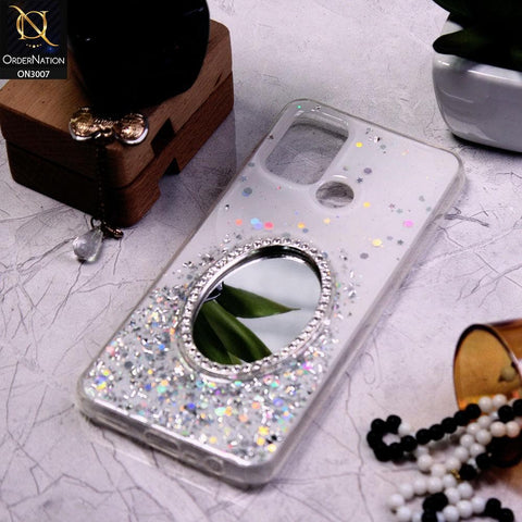 Realme C17 Cover - White - RhineStone Design Oval Mirror Soft Case - Glitter Does Not Move