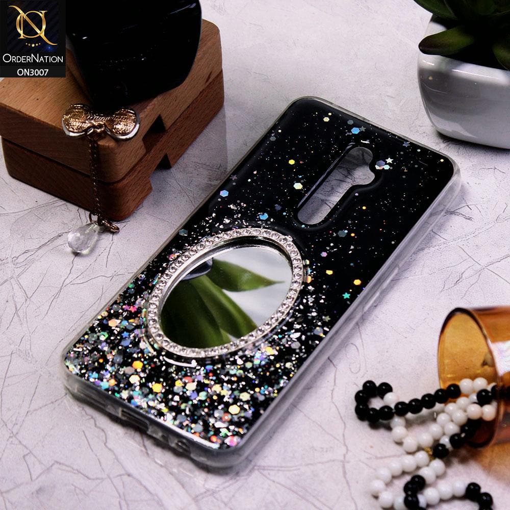 Oppo Reno 2Z Cover - Black - RhineStone Design Oval Mirror Soft Case - Glitter Does Not Move