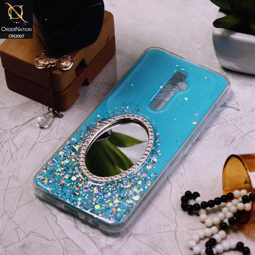 Oppo Reno 2Z Cover - Blue - RhineStone Design Oval Mirror Soft Case - Glitter Does Not Move
