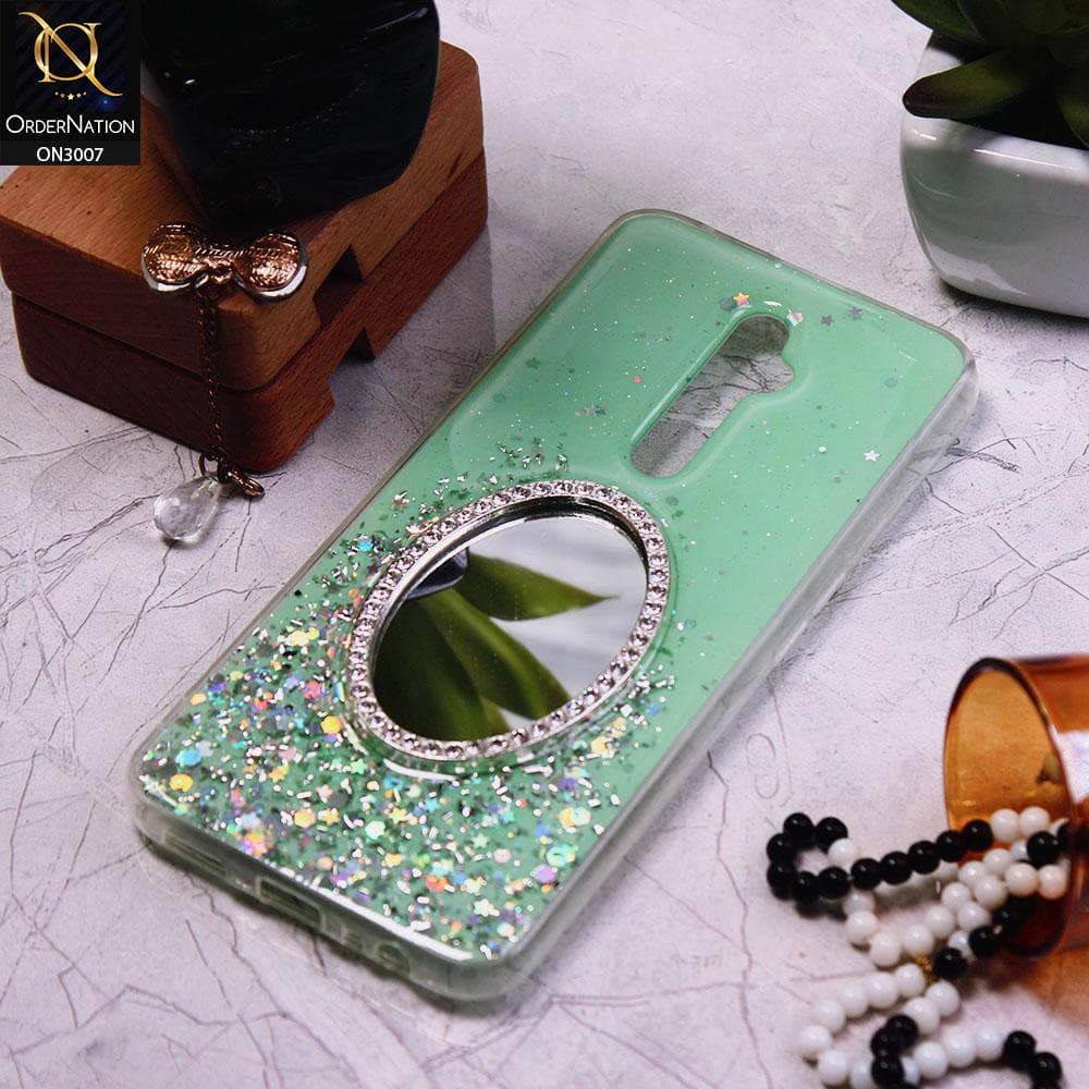 Oppo Reno 2Z Cover - Green - RhineStone Design Oval Mirror Soft Case - Glitter Does Not Move