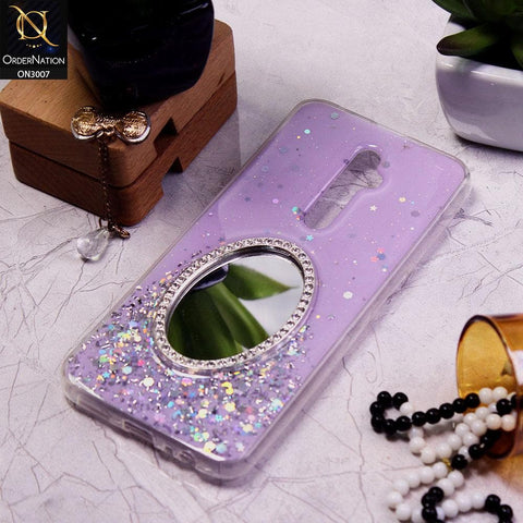 Oppo Reno 2F Cover - Purple - RhineStone Design Oval Mirror Soft Case - Glitter Does Not Move