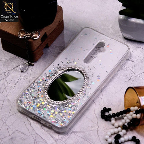 Oppo Reno 2F Cover - White - RhineStone Design Oval Mirror Soft Case - Glitter Does Not Move