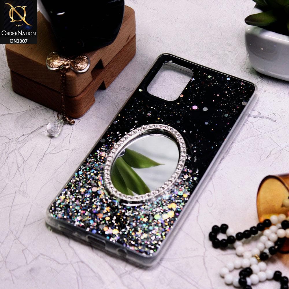 Samsung Galaxy A31 Cover - Black - RhineStone Design Oval Mirror Soft Case - Glitter Does Not Move