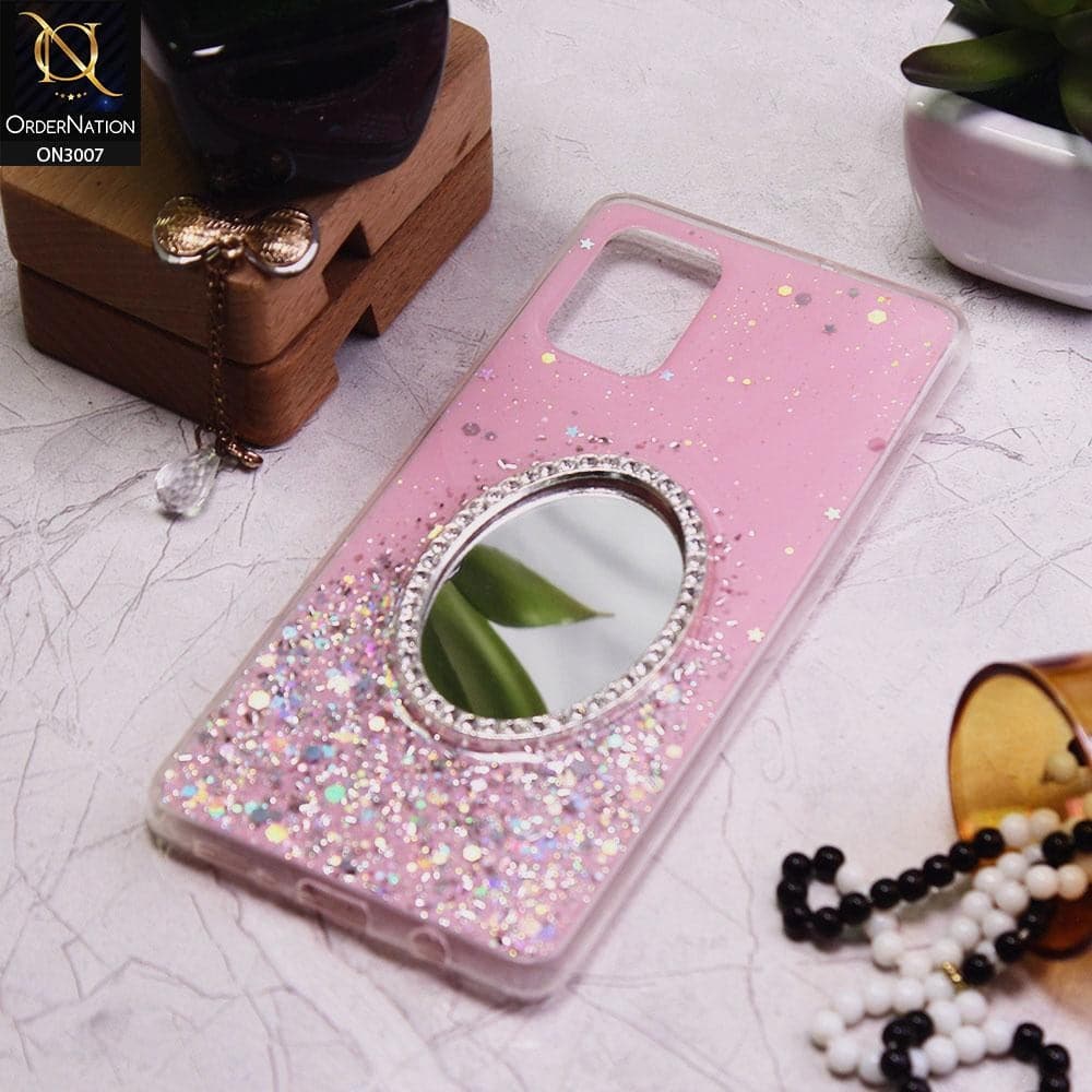 Samsung Galaxy A31 Cover - Pink - RhineStone Design Oval Mirror Soft Case - Glitter Does Not Move