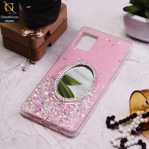 Samsung Galaxy A31 Cover - Pink - RhineStone Design Oval Mirror Soft Case - Glitter Does Not Move