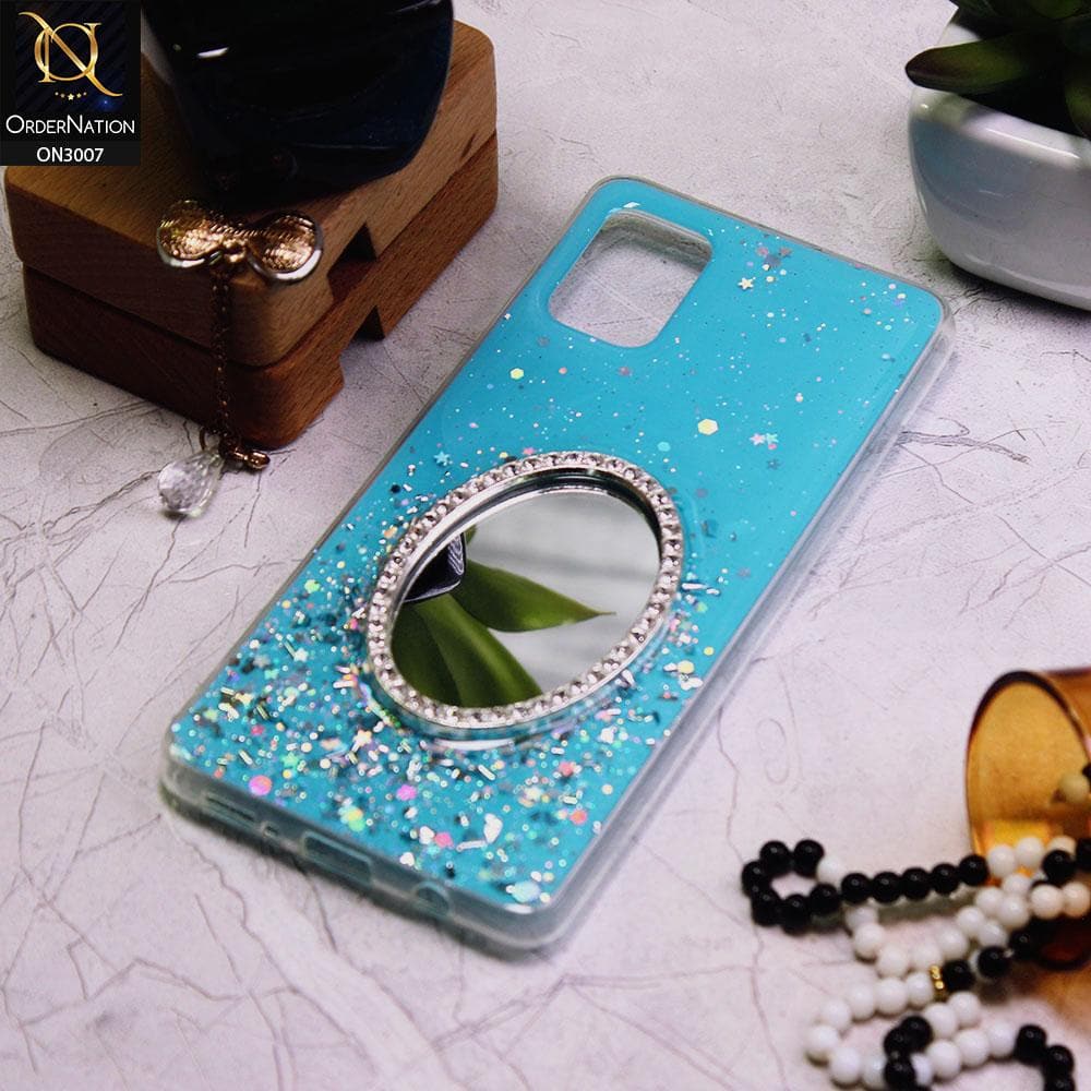 Samsung Galaxy A51 Cover - Blue - RhineStone Design Oval Mirror Soft Case - Glitter Does Not Move