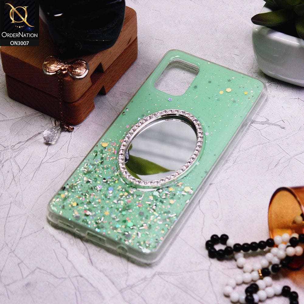 Samsung Galaxy A51 Cover - Green - RhineStone Design Oval Mirror Soft Case - Glitter Does Not Move