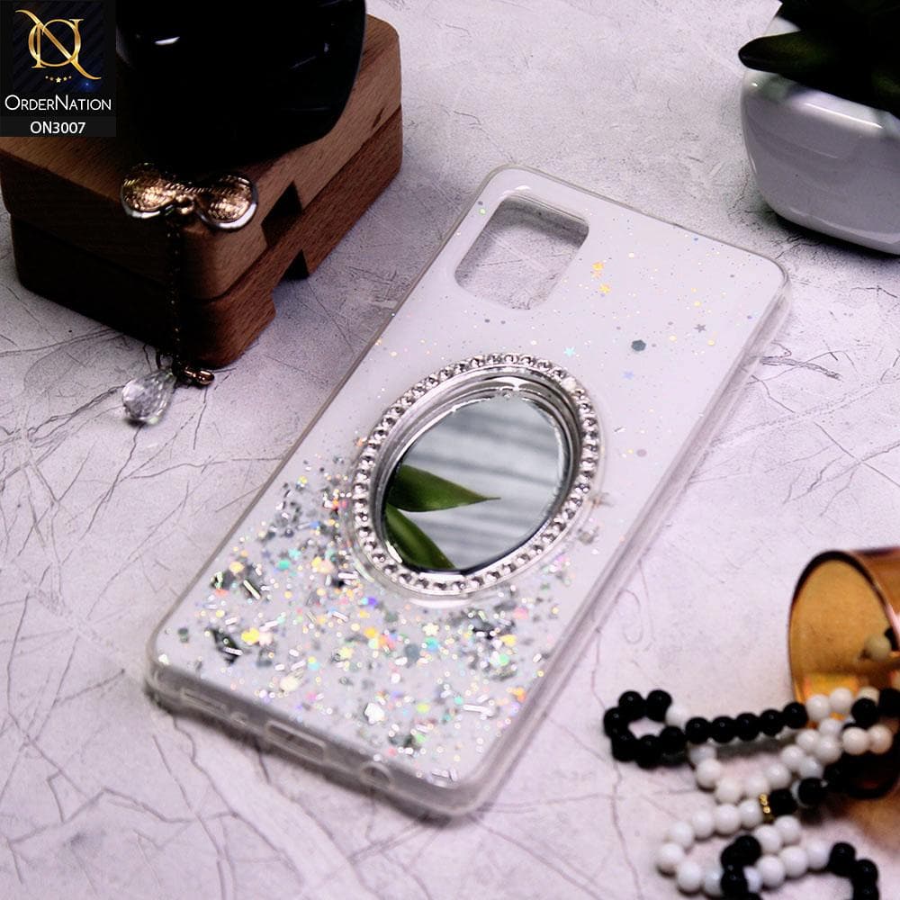 Samsung Galaxy A51 Cover - White - RhineStone Design Oval Mirror Soft Case - Glitter Does Not Move