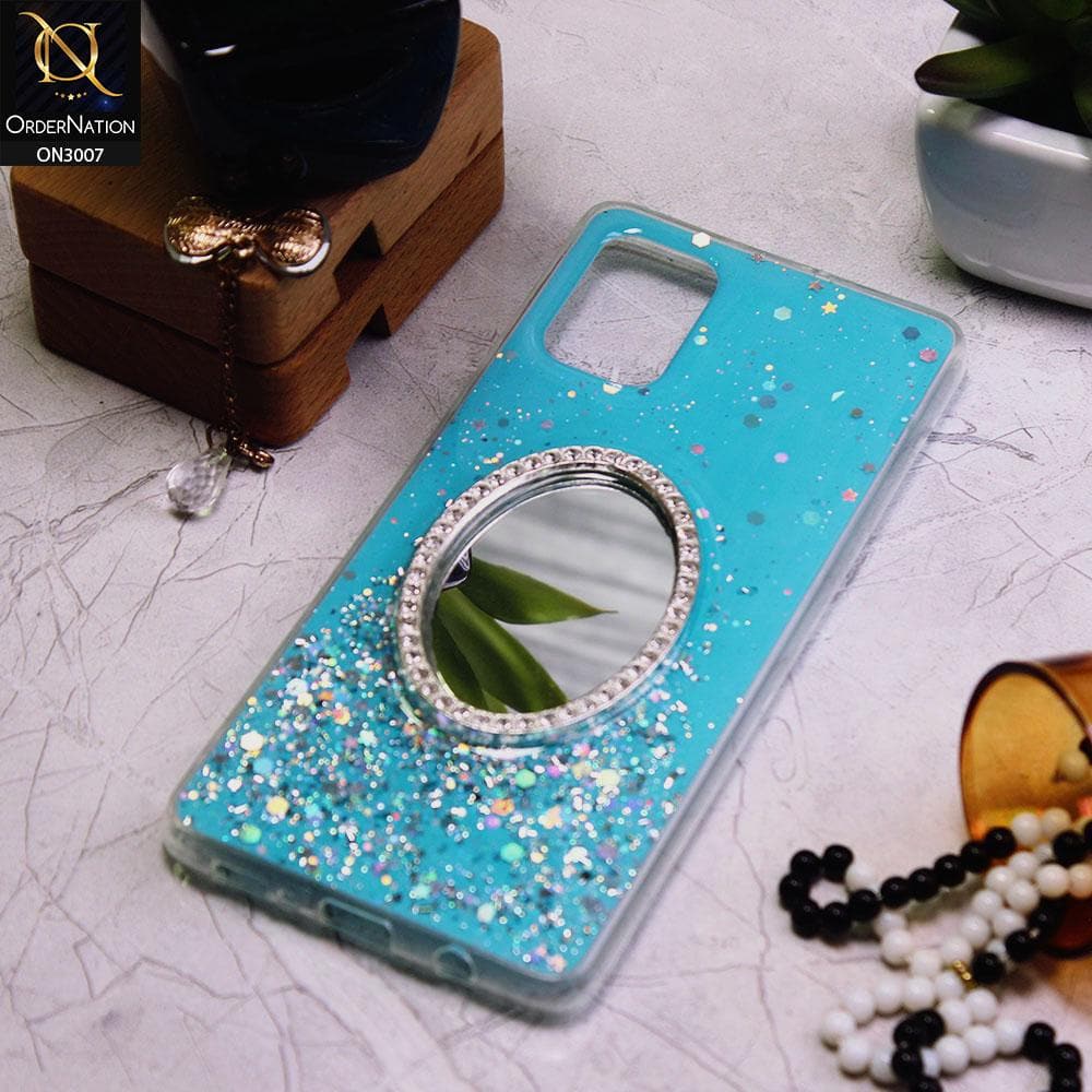 Samsung Galaxy A71 Cover - Blue - RhineStone Design Oval Mirror Soft Case - Glitter Does Not Move