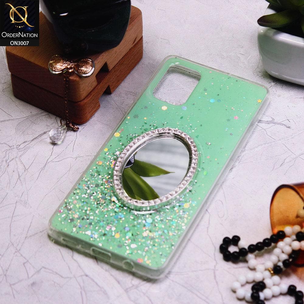 Samsung Galaxy A71 Cover - Green - RhineStone Design Oval Mirror Soft Case - Glitter Does Not Move