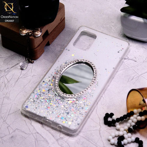 Samsung Galaxy A71 Cover - White - RhineStone Design Oval Mirror Soft Case - Glitter Does Not Move