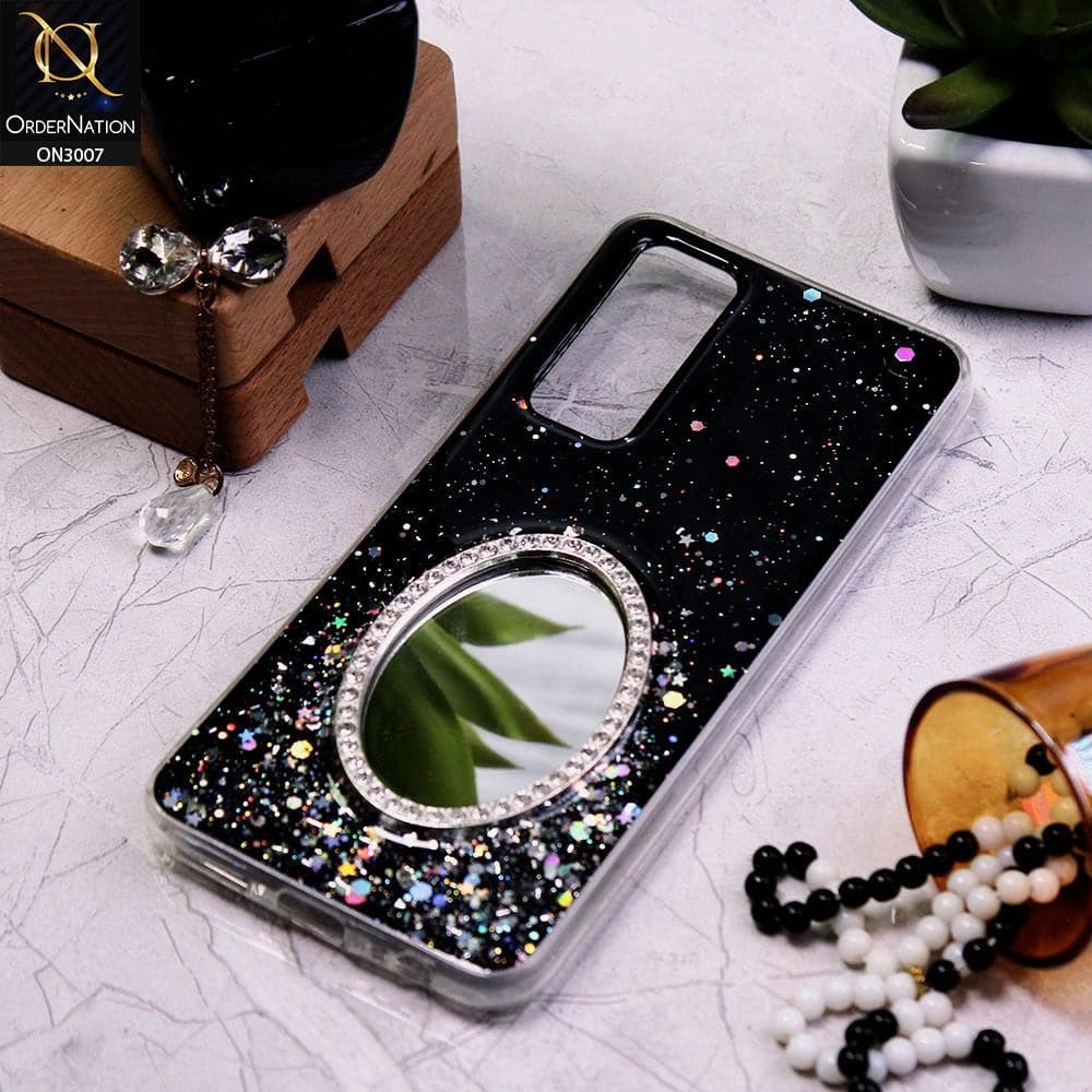 Vivo V20 SE Cover - Black - RhineStone Design Oval Mirror Soft Case - Glitter Does Not Move