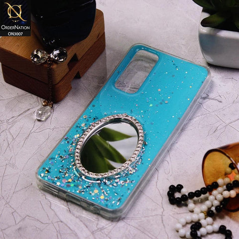 Vivo V20 SE Cover - Blue - RhineStone Design Oval Mirror Soft Case - Glitter Does Not Move