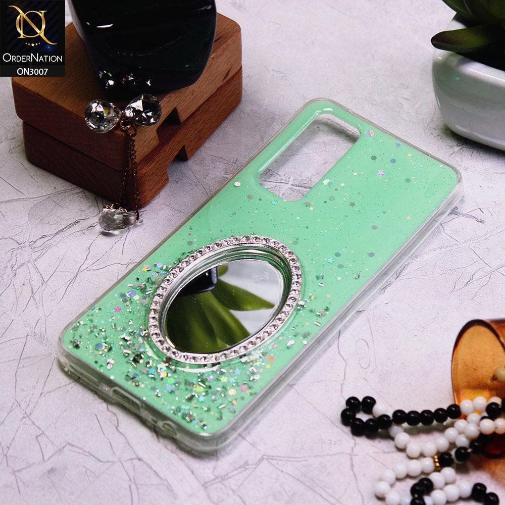 Vivo V20 SE Cover - Green - RhineStone Design Oval Mirror Soft Case - Glitter Does Not Move
