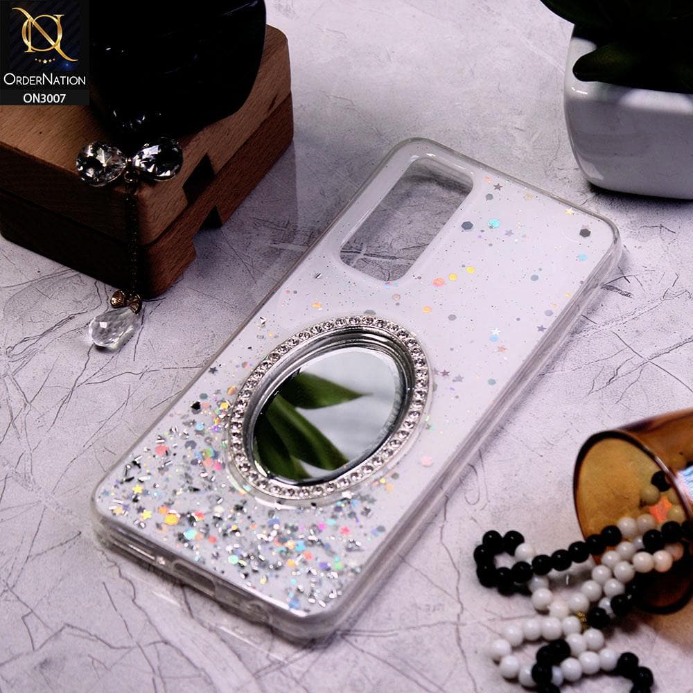 Vivo V20 SE Cover - White - RhineStone Design Oval Mirror Soft Case - Glitter Does Not Move
