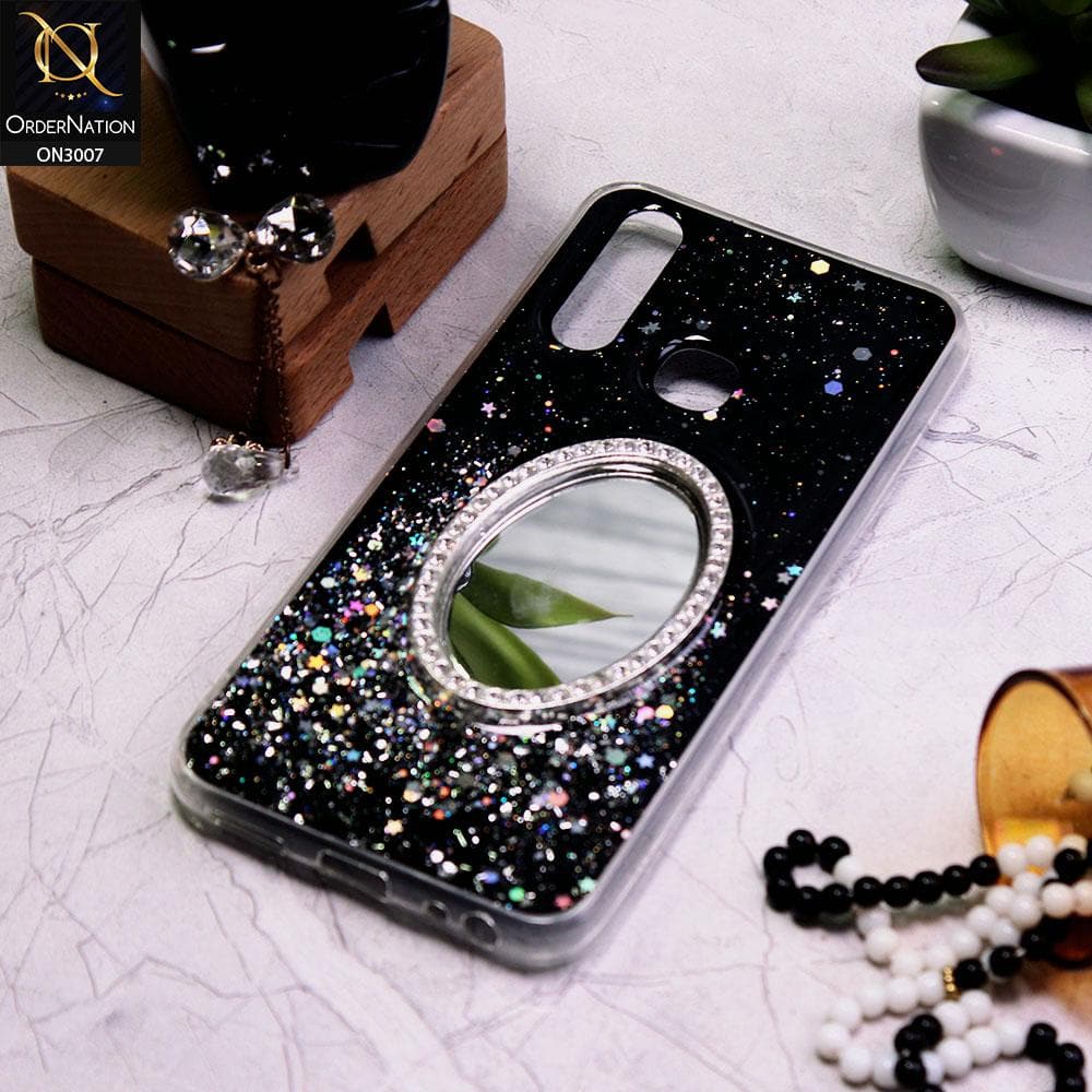 Vivo Y12 Cover - Black - RhineStone Design Oval Mirror Soft Case - Glitter Does Not Move