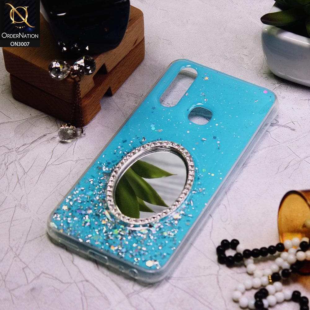 Vivo Y15 Cover - Blue - RhineStone Design Oval Mirror Soft Case - Glitter Does Not Move