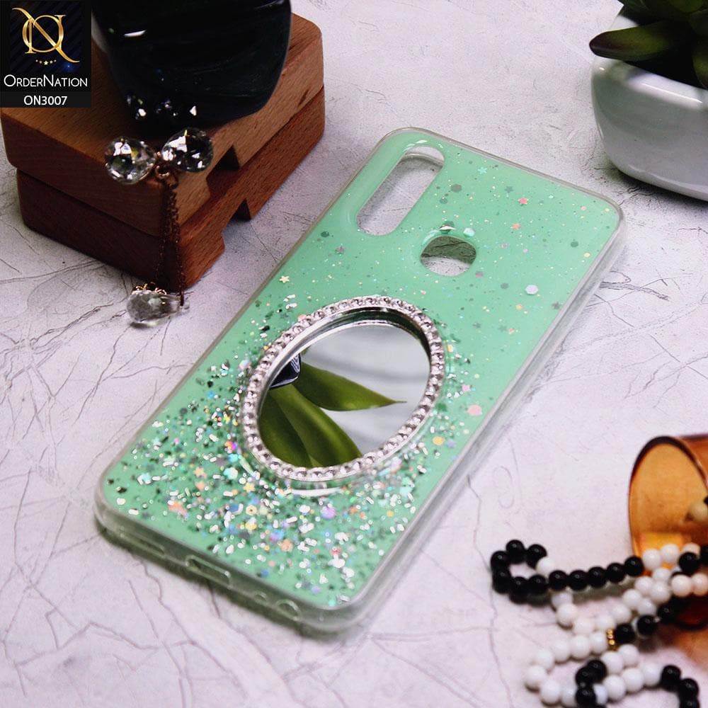 Vivo Y12 Cover - Green - RhineStone Design Oval Mirror Soft Case - Glitter Does Not Move