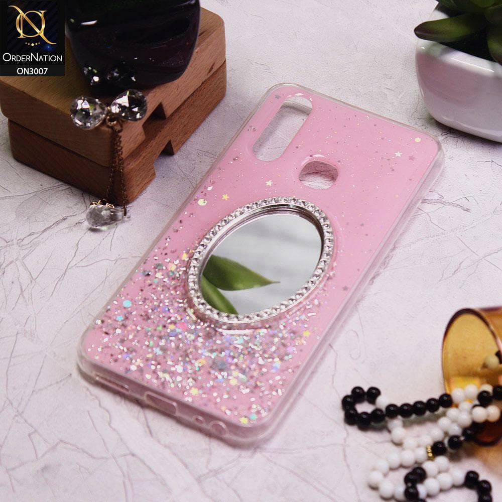 Vivo Y15 Cover - Pink - RhineStone Design Oval Mirror Soft Case - Glitter Does Not Move